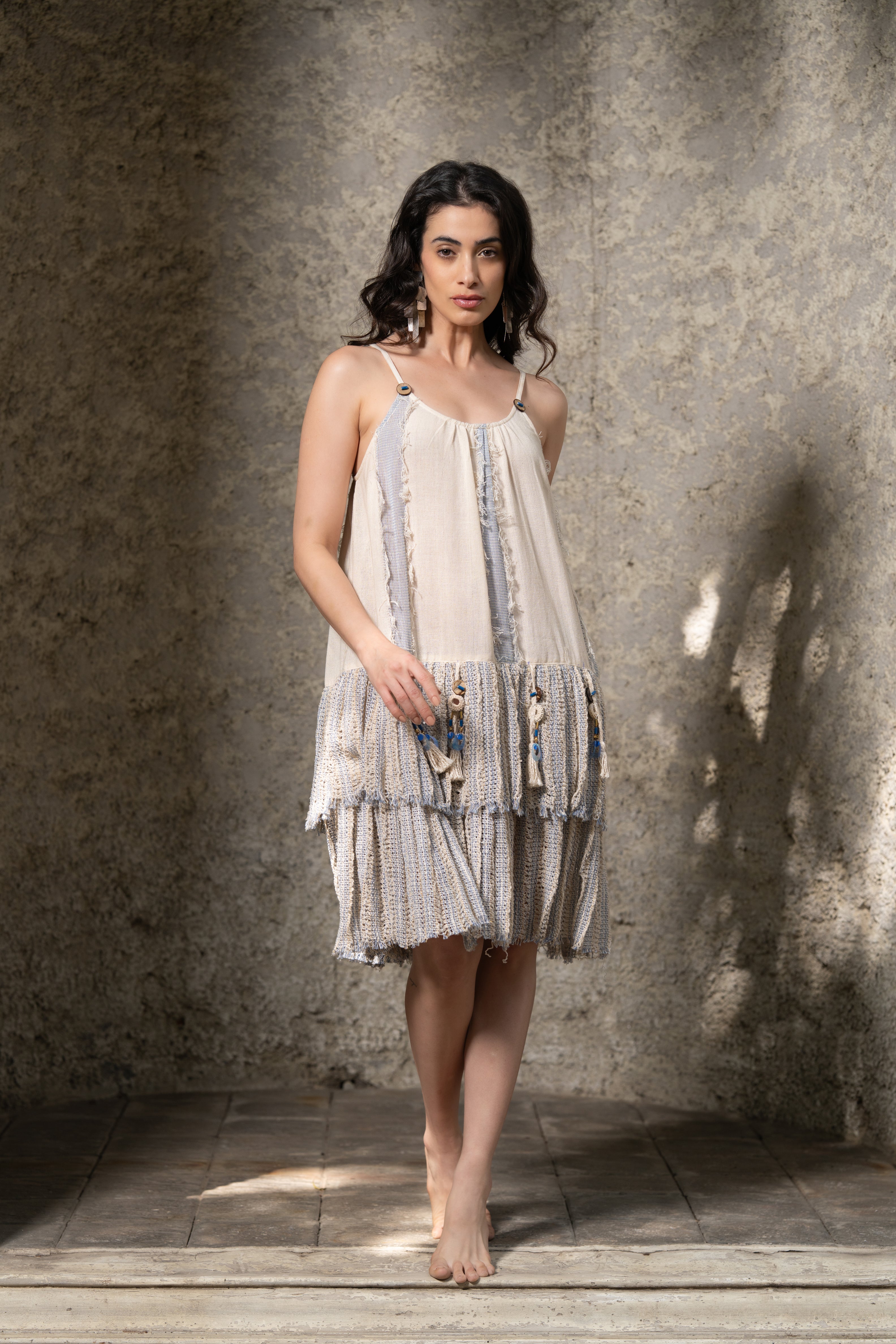 Fringe Jacquard Ruffle dress with mirror work