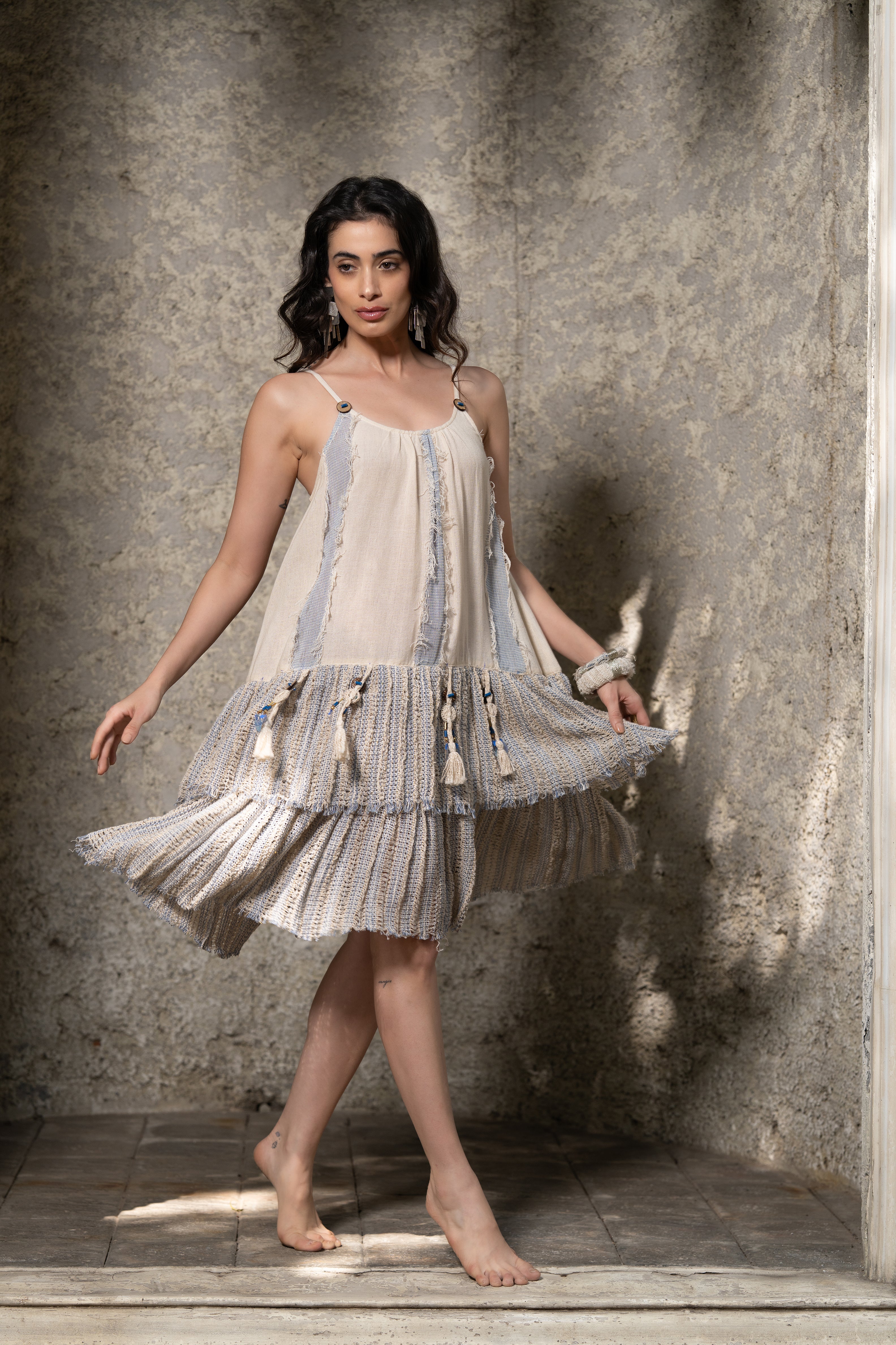 Fringe Jacquard Ruffle dress with mirror work