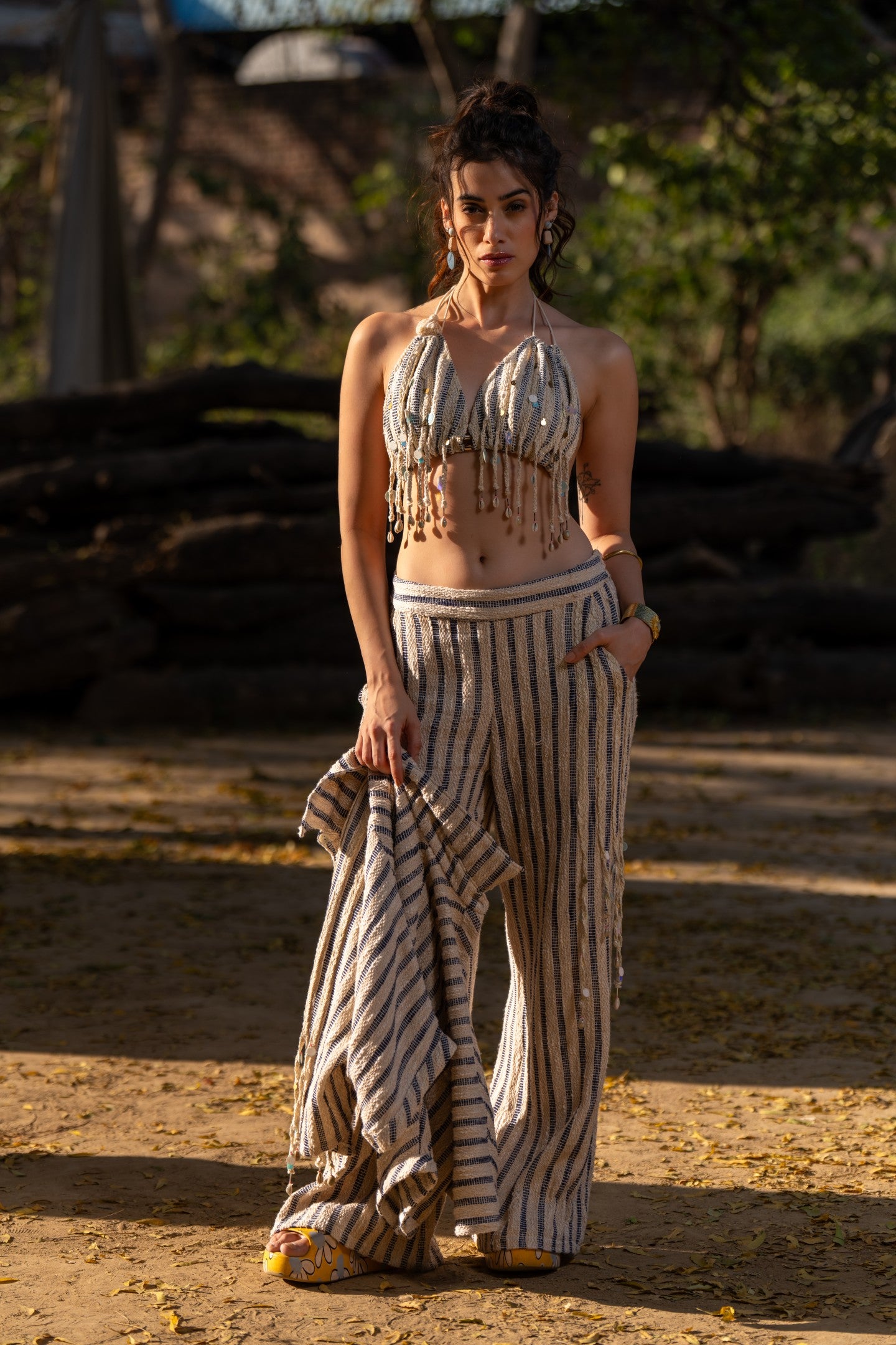 Stripe Jacquard trousers with embellishment